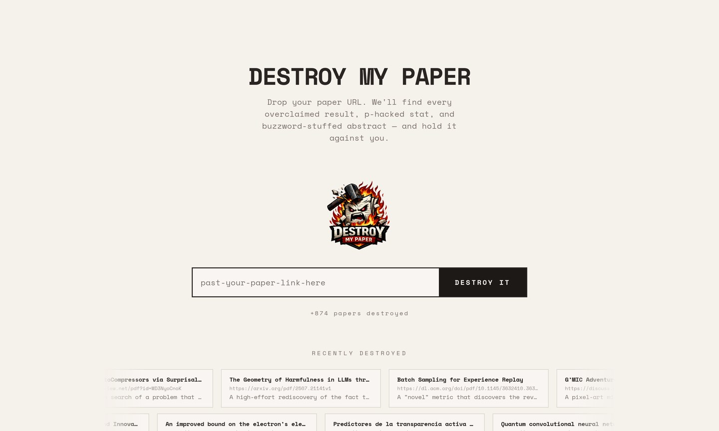 Screenshot of the Destroy My Paper interface