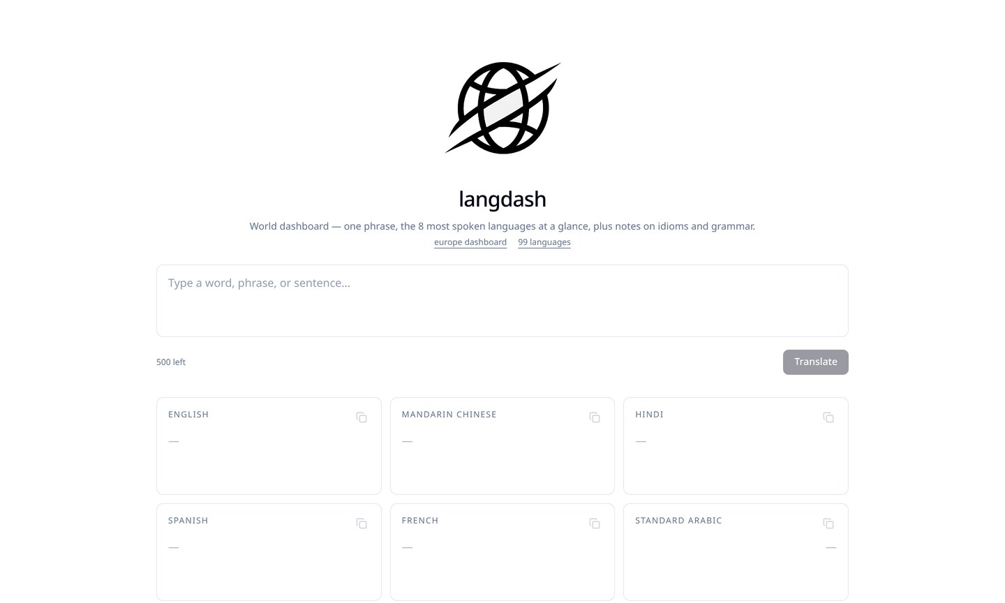 Screenshot of the LangDash interface